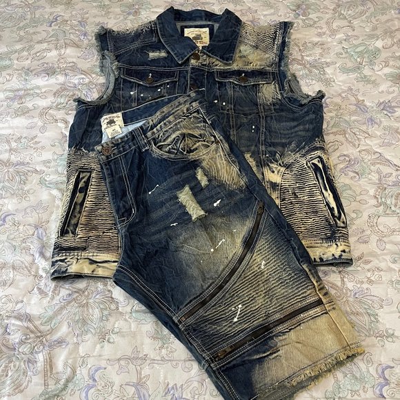 Smoke Rise Other - RARE Smoke Rise Blue Denim Jean Set 2 Piece Suit Jacket Vest and Shorts